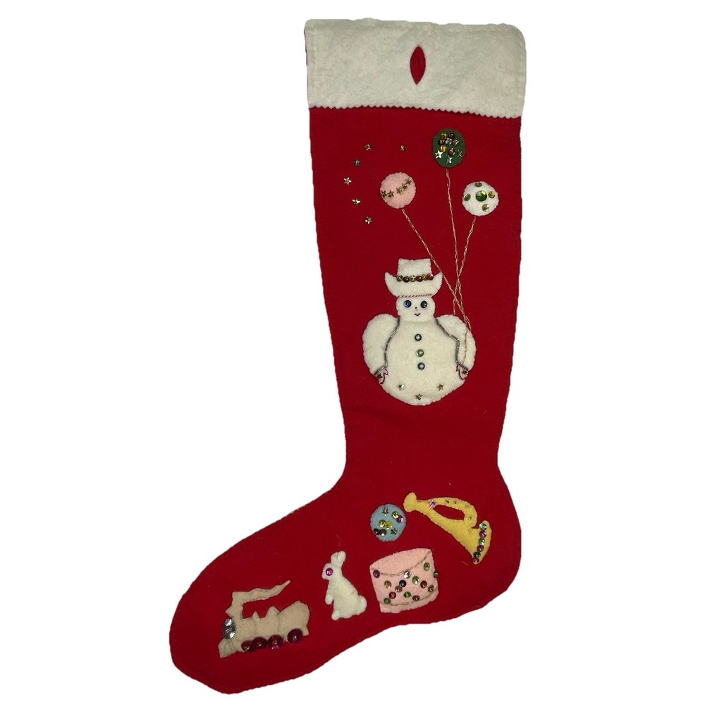 Vtg Handmade Felt Sequin Christmas Stocking 1950s MCM Cowboy Snowman Train Drum